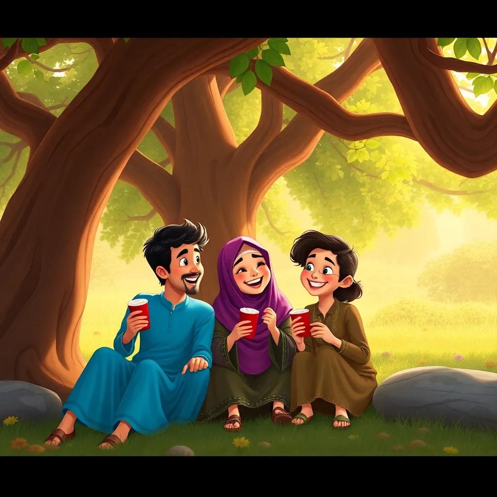 Ali, Fatima, and Sami sitting under a big tree, sharing snacks and laughing together, surrounded by nature; digital art, warm light, cheerful and engaging, playful