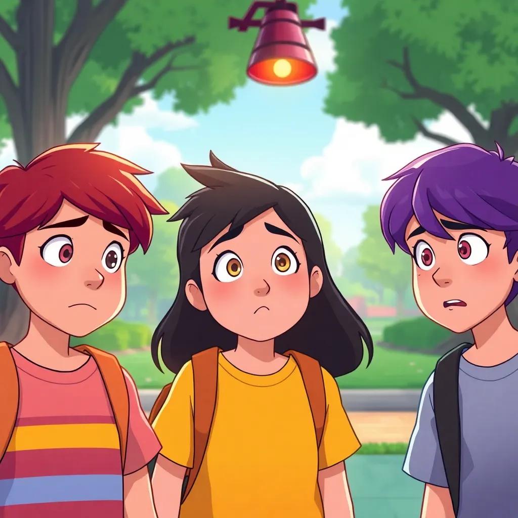 The three friends looking worried while hearing the school bell ringing in the background, with a backdrop of the park fading into the distance; dynamic scene, colorful, storytelling view, captures the tension