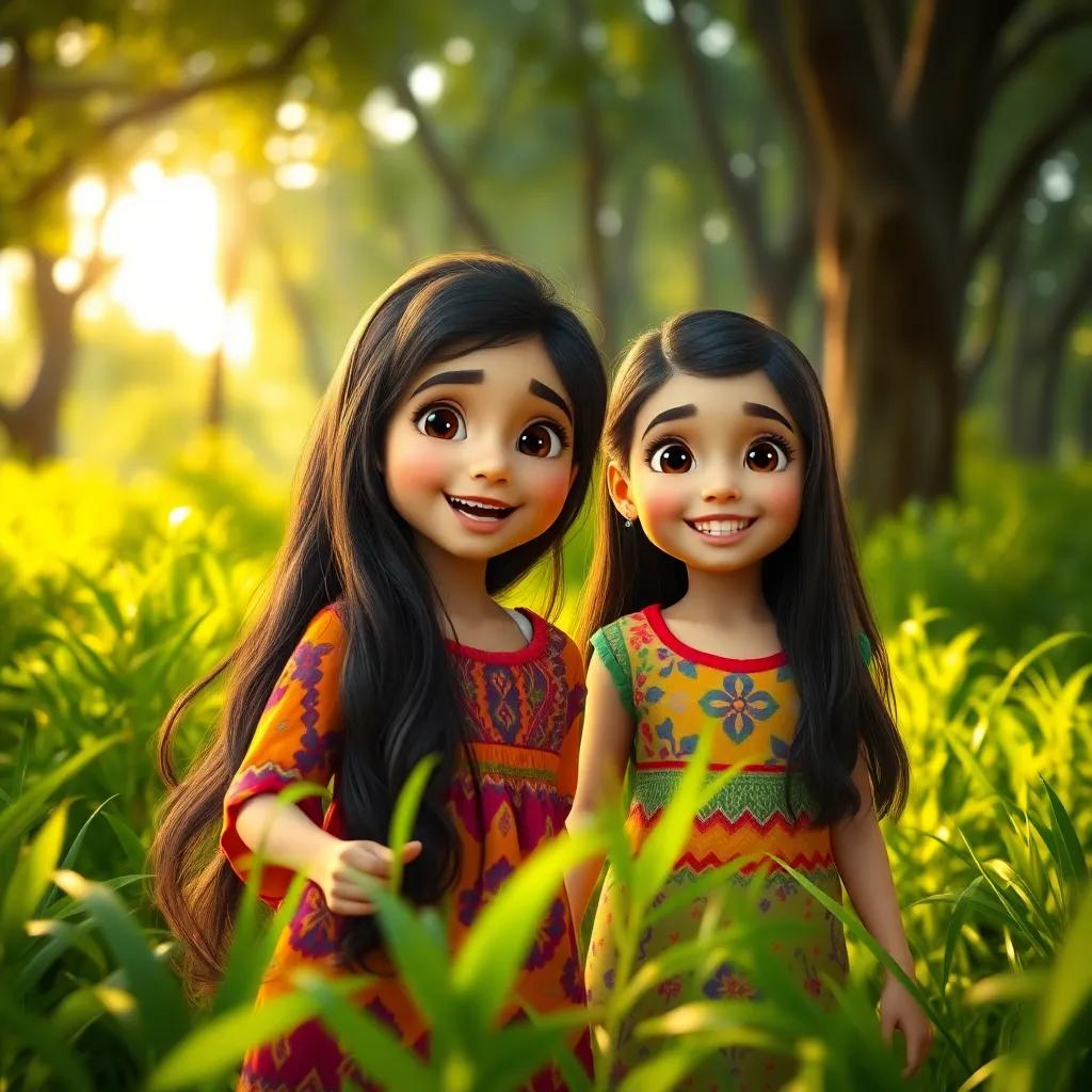 A young Arab girl, Fatima, with long, dark hair, wearing a colorful dress, exploring a green forest with her friend Aadil, excited expression, cheerful atmosphere, digital art, vibrant colors, warm sunlight filtering through trees, high quality
