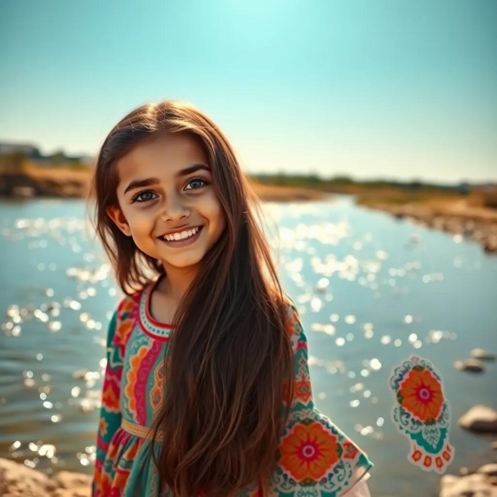 A young Arab girl, Fatima, with long, dark hair, in a colorful dress, standing by a sparkling river, reflecting blue sky, joyful expression, Aadil beside her asking questions, warm light, serene nature scene, detailed, child-friendly