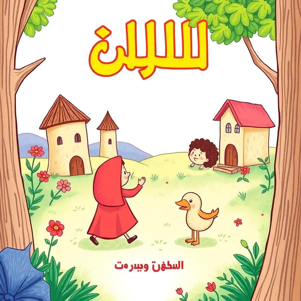 عائلة سعيدة في بيت جميل، الأب حنتوش يرتدي ملابس زراعية، الأم حنتوشة مبتسمة، الطفل فيصل يلعب، والطفلة فرح تحمل كتاب، ألوان زاهية، جو مبهج، تفاصيل عالية