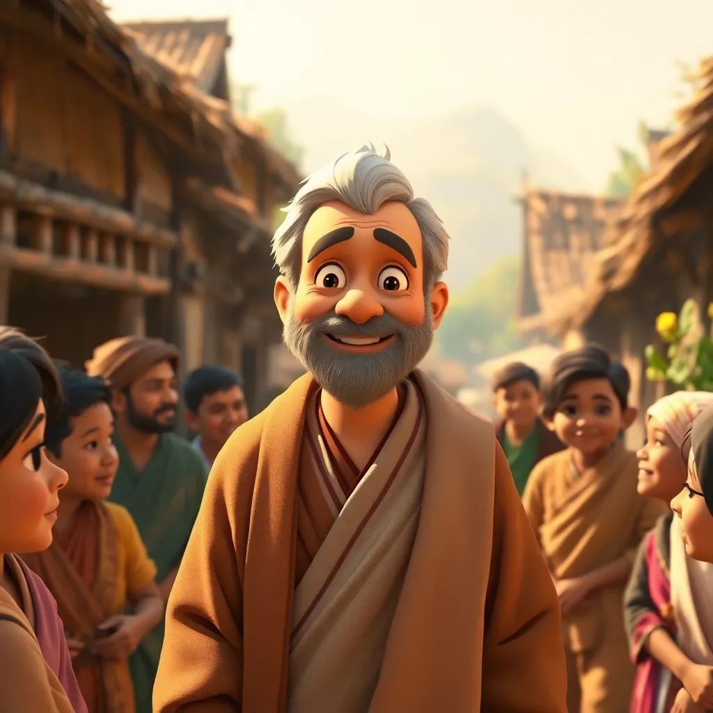 A wise man in a small village, smiling with kind eyes, wearing a simple robe, surrounded by villagers asking for advice, warm morning light, serene atmosphere, inviting scene, digital art, cheerful, high quality