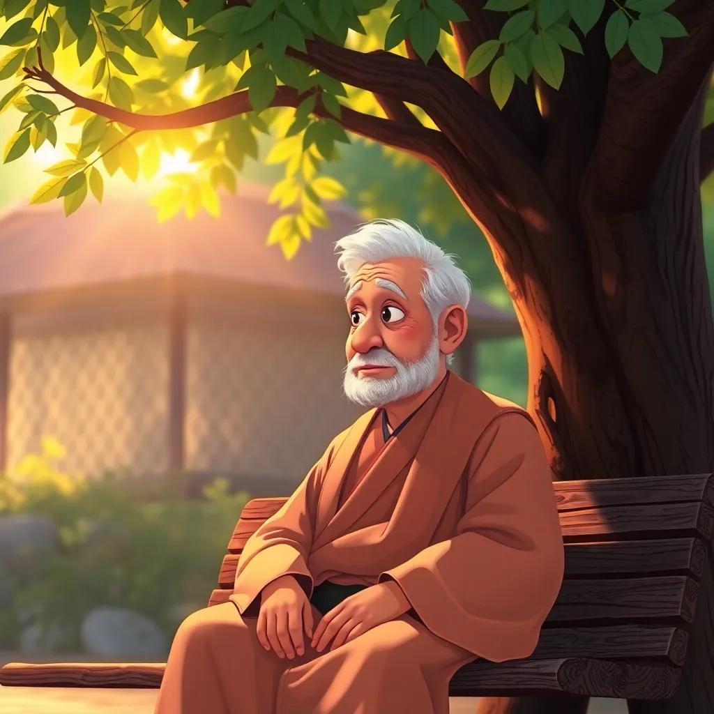 An old man looking thoughtful, wearing traditional clothes, sitting on a bench under a tree, feeling hopeful, sunlight filtering through leaves, peaceful and inspiring setting, illustration, warm colors, heartwarming