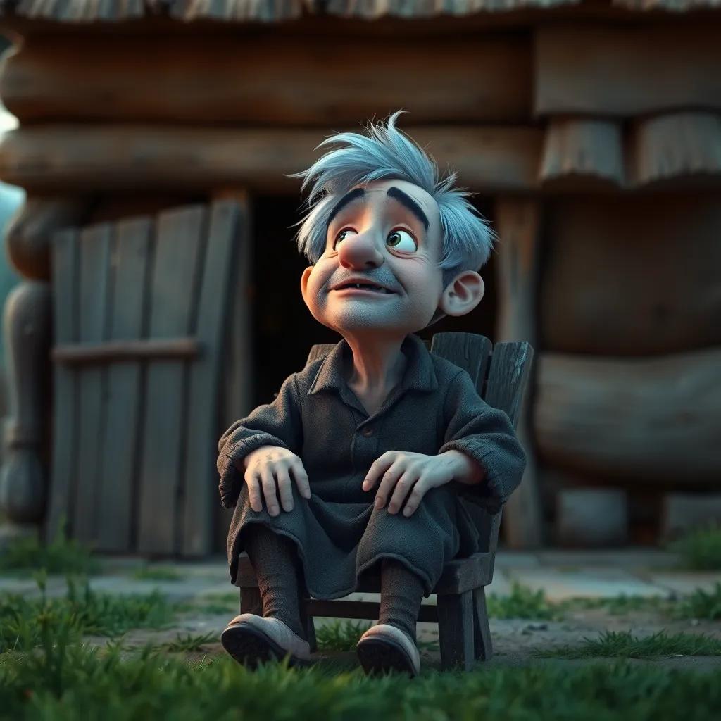 A poor old man, with gray hair and wearing tattered clothes, sitting on a small wooden chair in front of his tiny house, looking at the sky with a hopeful expression, digital art, warm colors, inviting atmosphere, high quality