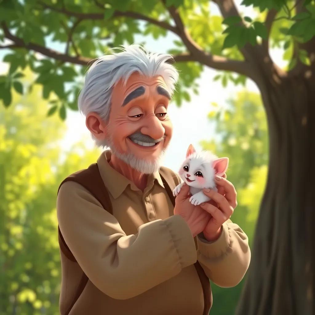 The old man holding a small lost kitten, with soft white fur, in his arms, both smiling at each other under a green tree, sunlight casting lovely shadows, illustration, cheerful, heartwarming scene