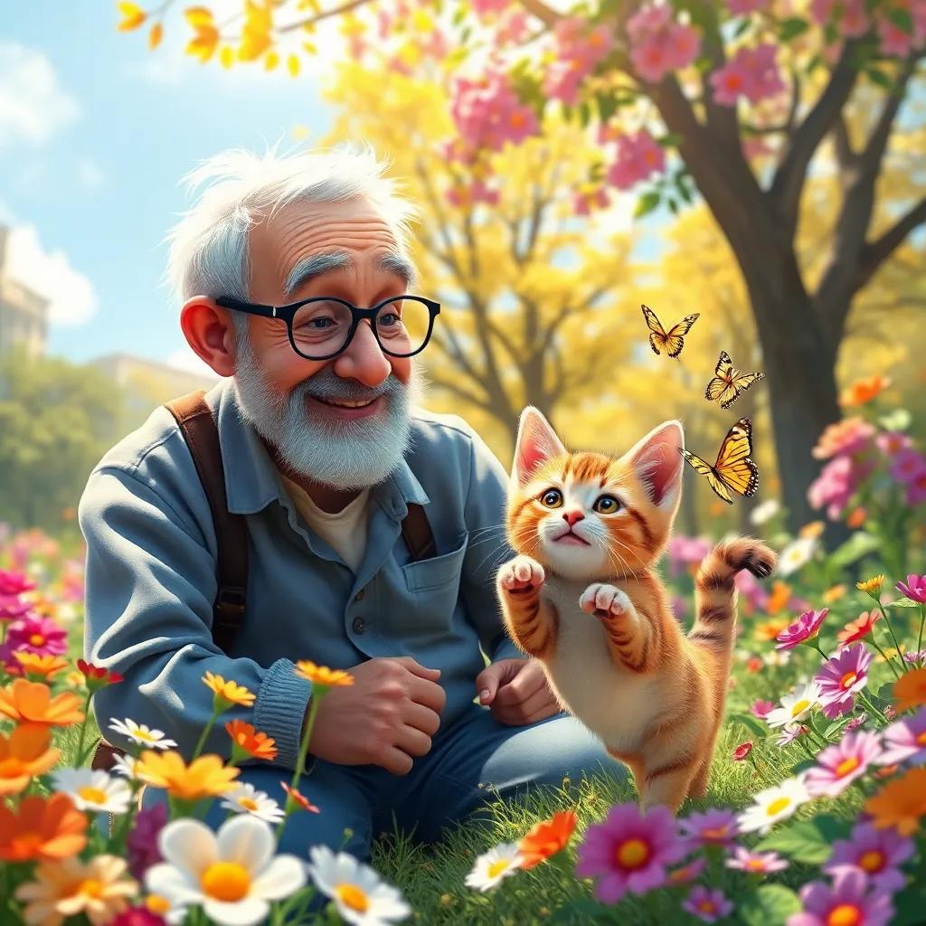 The old man and the kitten playing together in a colorful park, with flowers blooming around, the kitten chasing butterflies, bright sunny day, digital painting, vibrant colors, joyful atmosphere, high quality