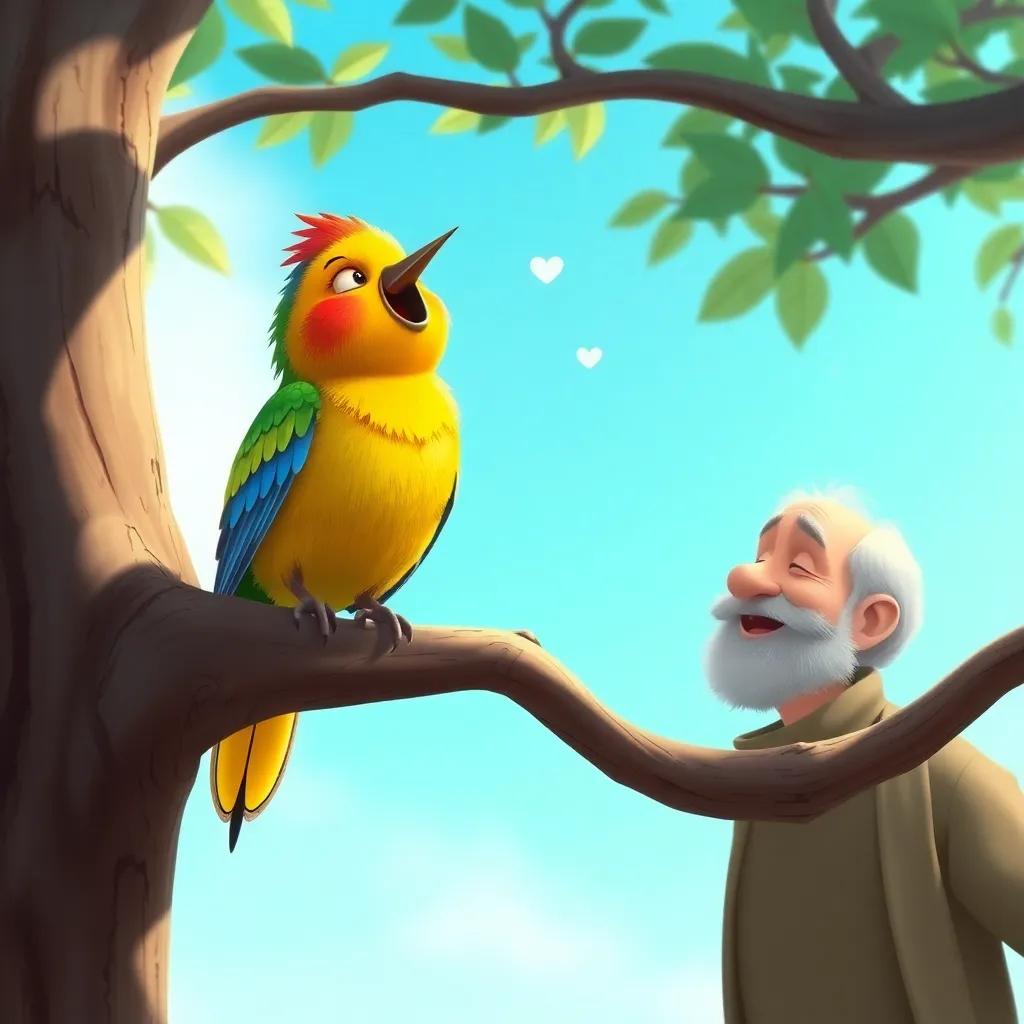 A colorful singing bird perched on a tree branch, with a bright blue sky in the background, singing a sweet tune, while the old man listens with a smile, detailed illustration, soft light, uplifting scene, child-friendly