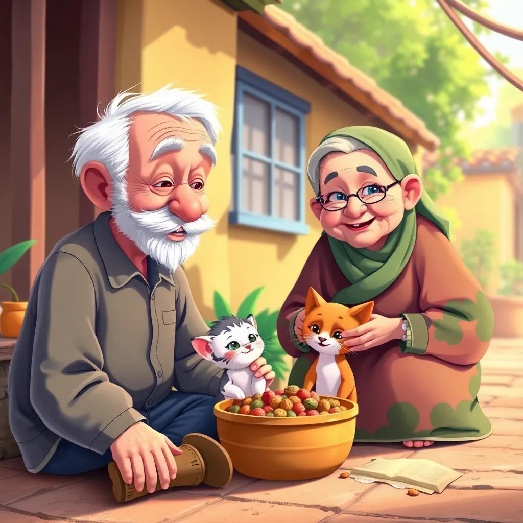 The old man and the small kitten sharing food with a friendly old woman, all sitting together in their neighborhood, colorful background with a sense of community, illustration, warm light, child-friendly