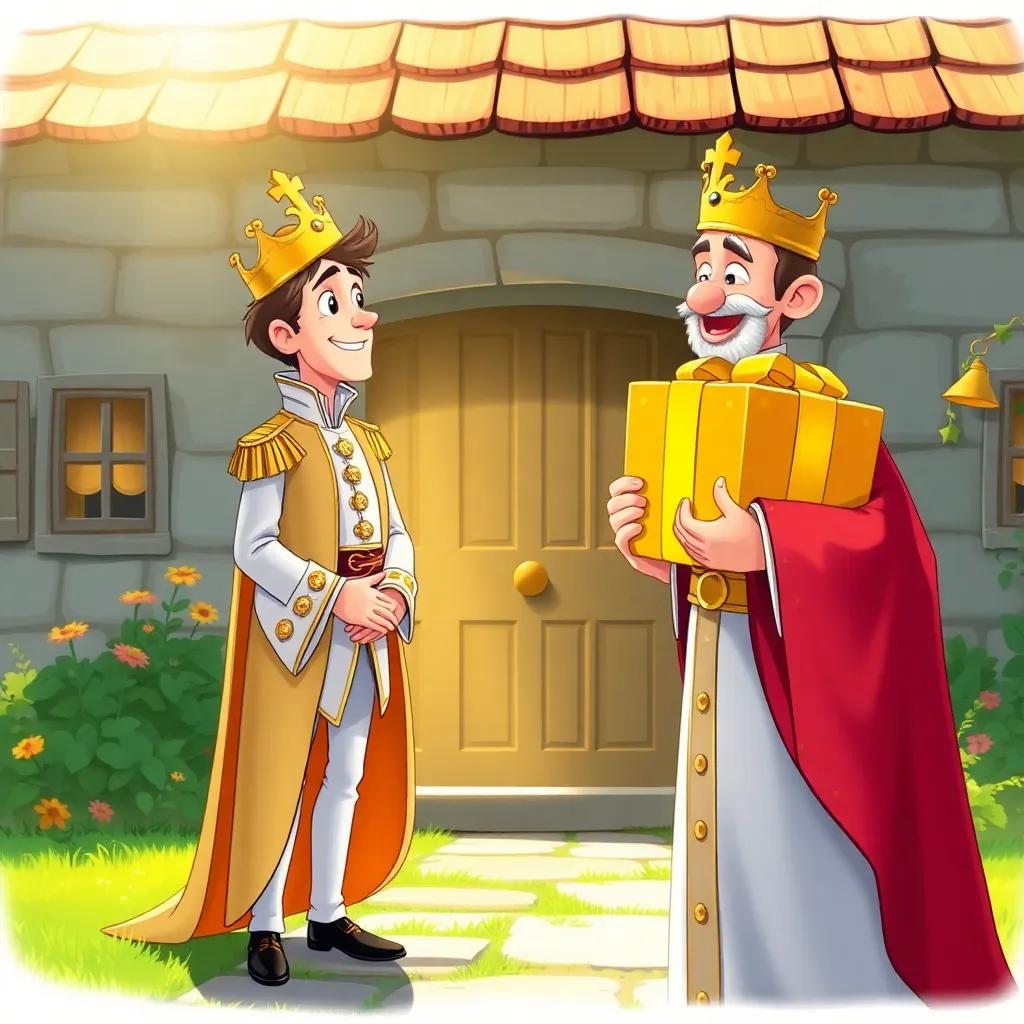 An unexpected visit from a prince dressed in elegant royal clothes, standing in front of the old man's house, looking excited, carrying a large golden gift, bright sunlight, detailed illustration, joyful emotion