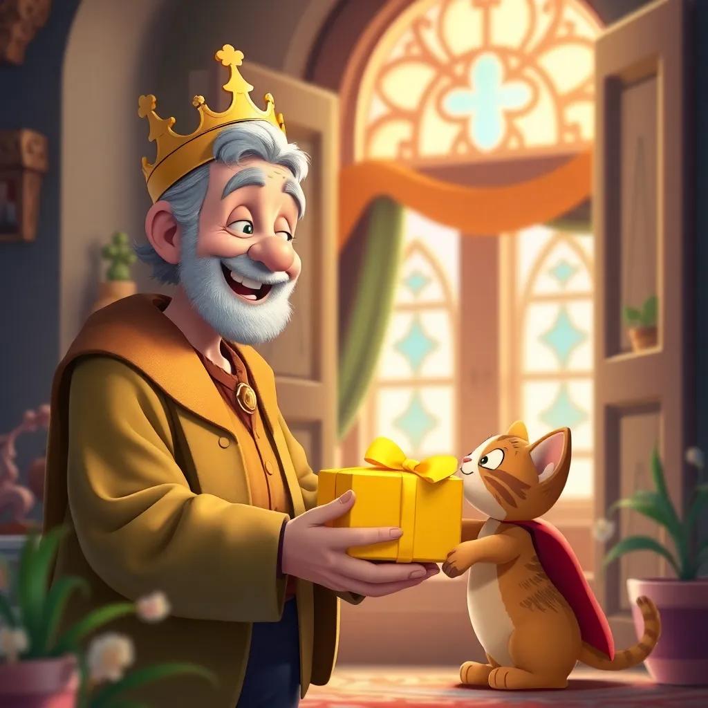 The old man joyfully accepting the prince's gift in his new beautiful home, with both smiling at each other, the kitten looking happily beside them, heartwarming scene, colorful, inviting atmosphere, child-friendly