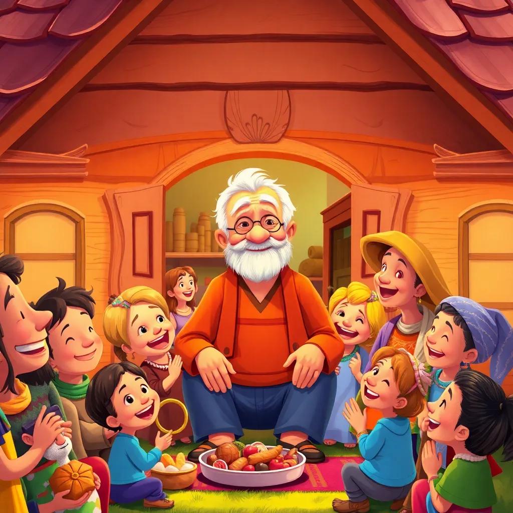 The old man in his new house, surrounded by friends and happy villagers, sharing laughter and food, vibrant background, everyone smiling, heartwarming illustration, joyful ambiance