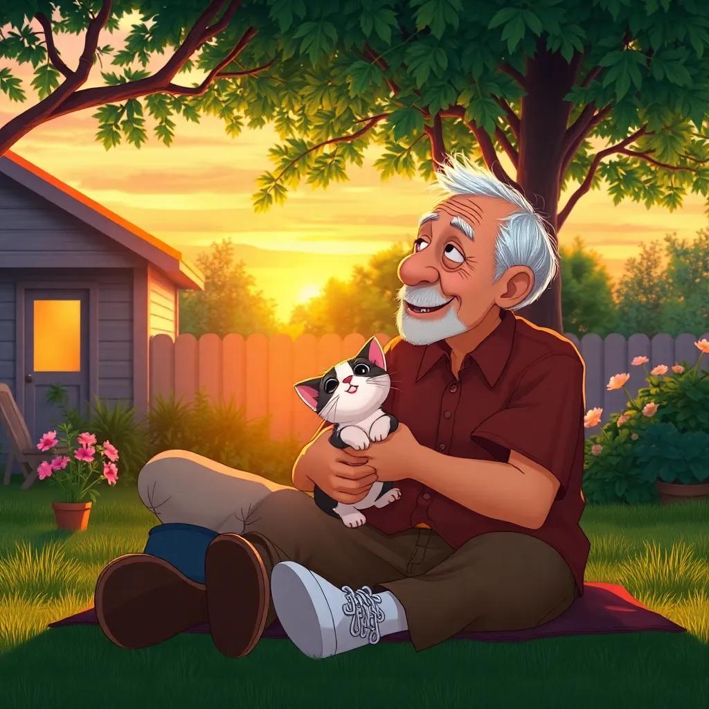The old man and his kitten sitting together in their new backyard, enjoying the view of the sunset and the laughter of friends, with a soft embrace of happiness, digital art, warm colors, peaceful vibe, high quality