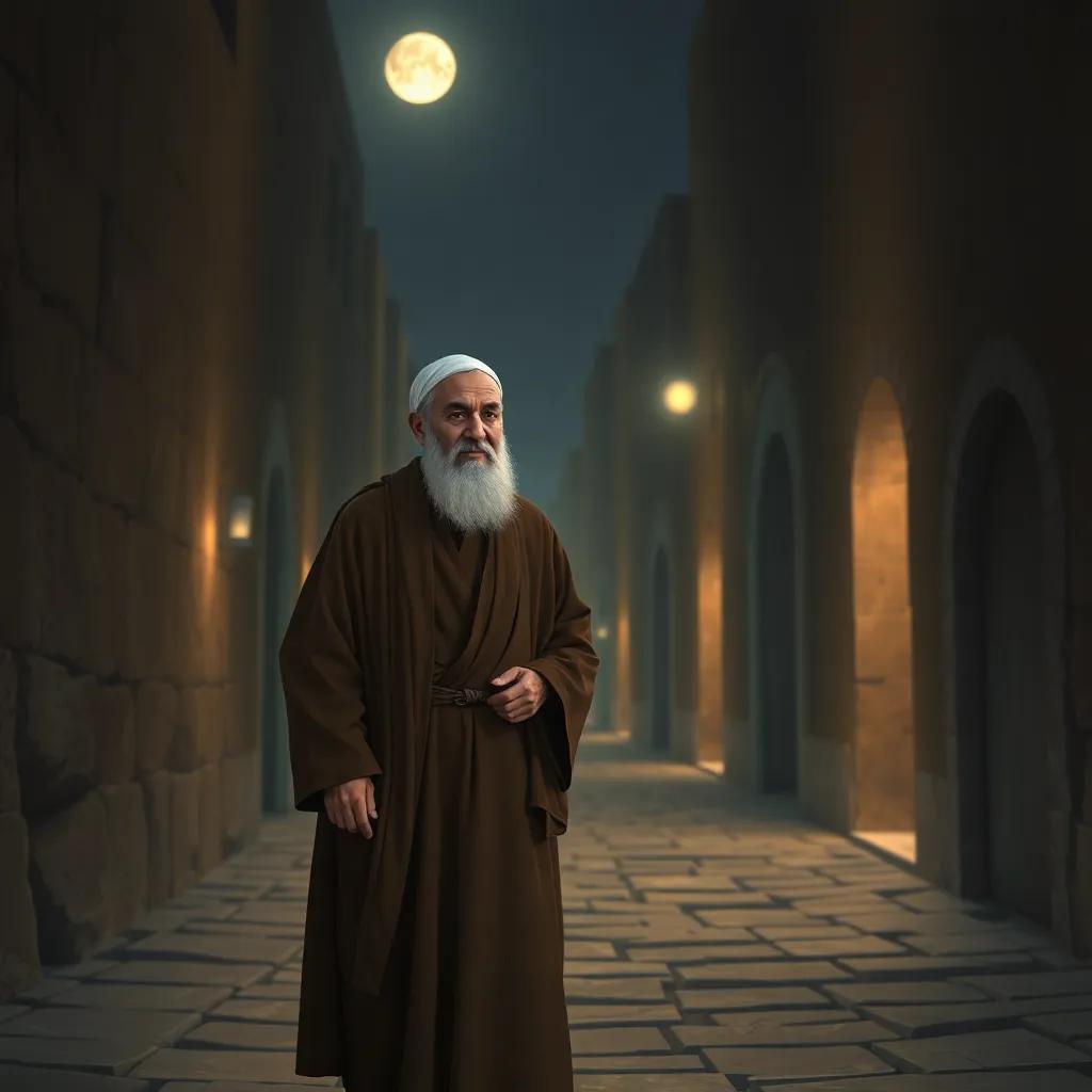 A depiction of a kind elderly man, Umar bin Al-Khattab, in traditional robes, walking quietly through narrow streets of Medina at night, with soft moonlight illuminating his path, digital art, warm colors, serene atmosphere, high quality