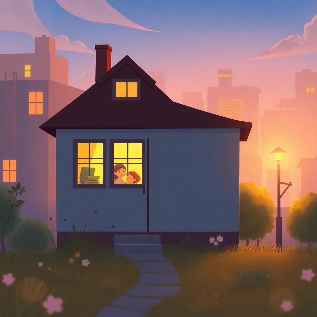 A simple house within the city, a woman with a covered head speaking calmly to her daughter inside, warm light glowing from the windows, peaceful atmosphere, illustration, inviting and homey, high quality