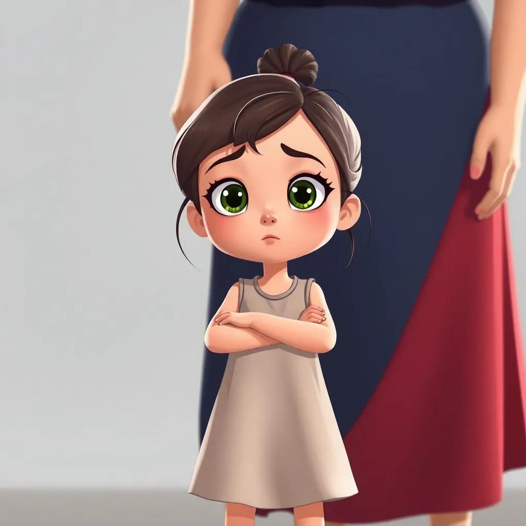 A determined young girl with a simple dress, standing firm against her mother, looking passionate and strong in her beliefs, with a thoughtful expression, child-friendly illustration, uplifting scene, high quality