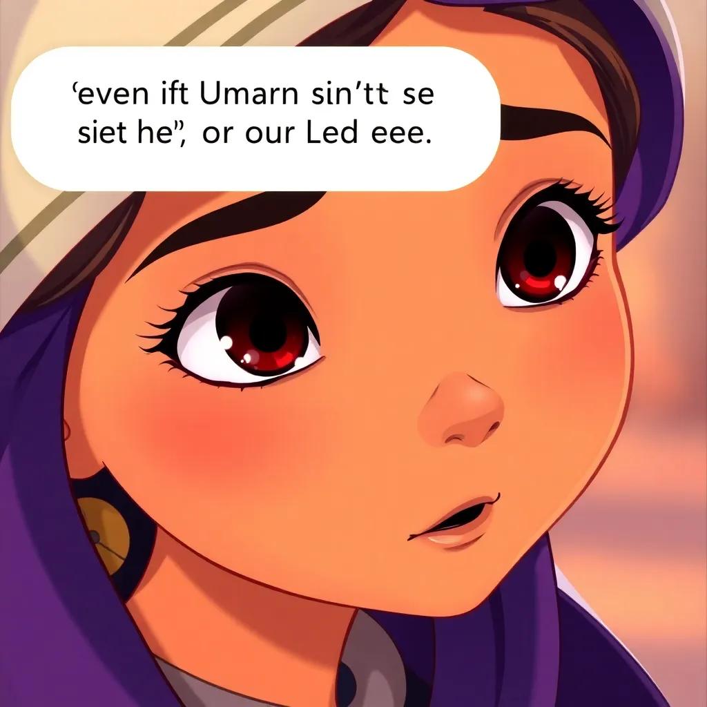 A close scene of the girl speaking, her eyes reflecting faith and sincerity as she says, 'Even if Umar doesn't see us, our Lord sees us,' illustrated in a heartfelt style, vibrant colors, animated feel, high quality