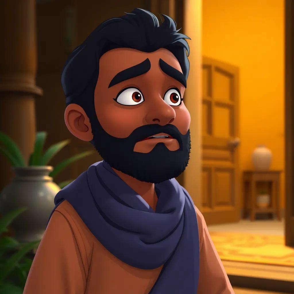 An emotional Umar, with a wise expression, listening to the conversation from outside the house, illustrating realization and deep thought, reflective mood, warm and soft light, high quality