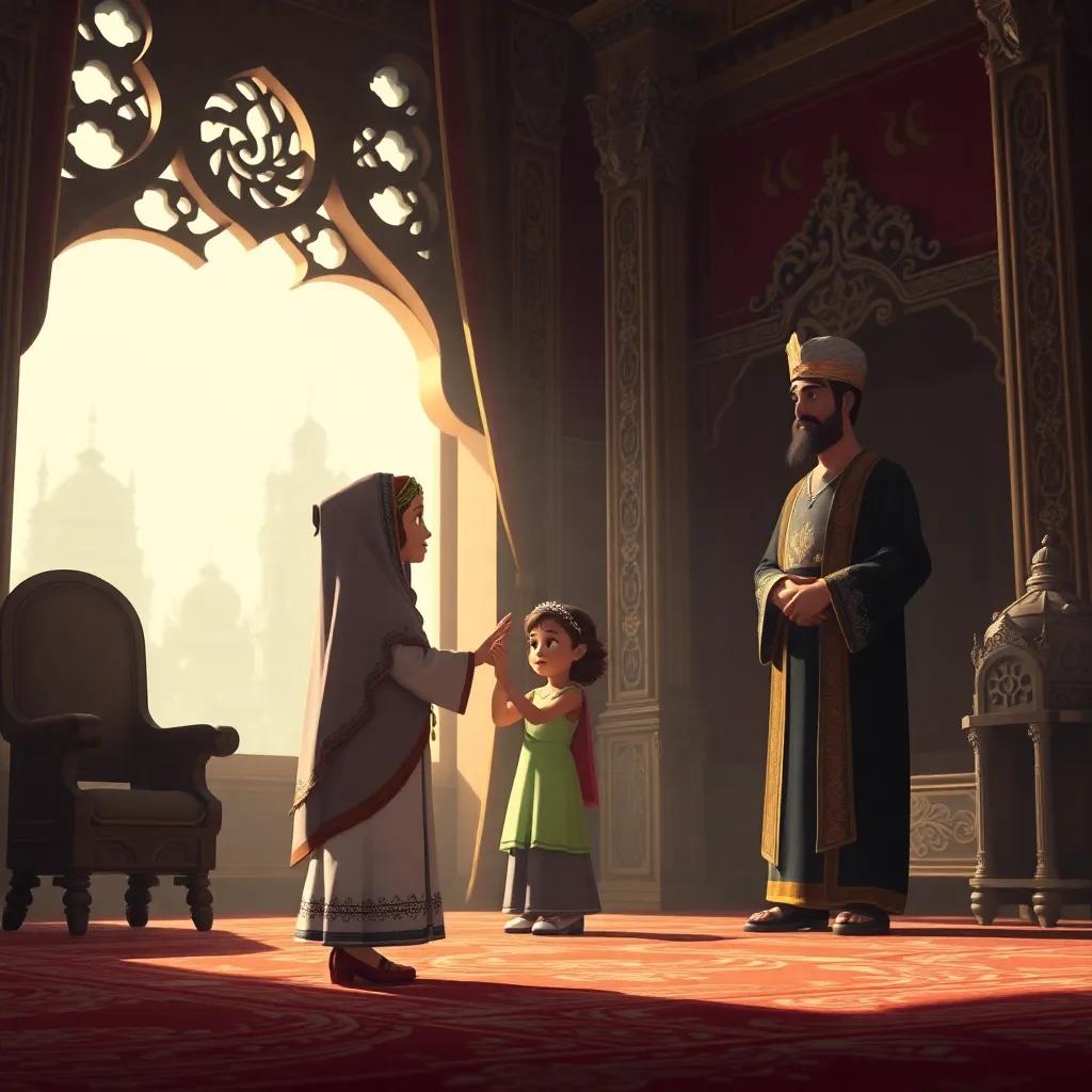 A regal setting where Umar commands respect, welcoming the woman and her daughter into his chamber, depicting the moment with a dignified atmosphere, detailed and elegant, high quality
