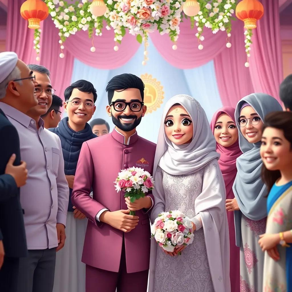 A beautiful wedding scene where the girl and Aasim are dressed modestly, surrounded by happy family and friends, capturing joy and celebration, bright colors, cheerful atmosphere, high quality