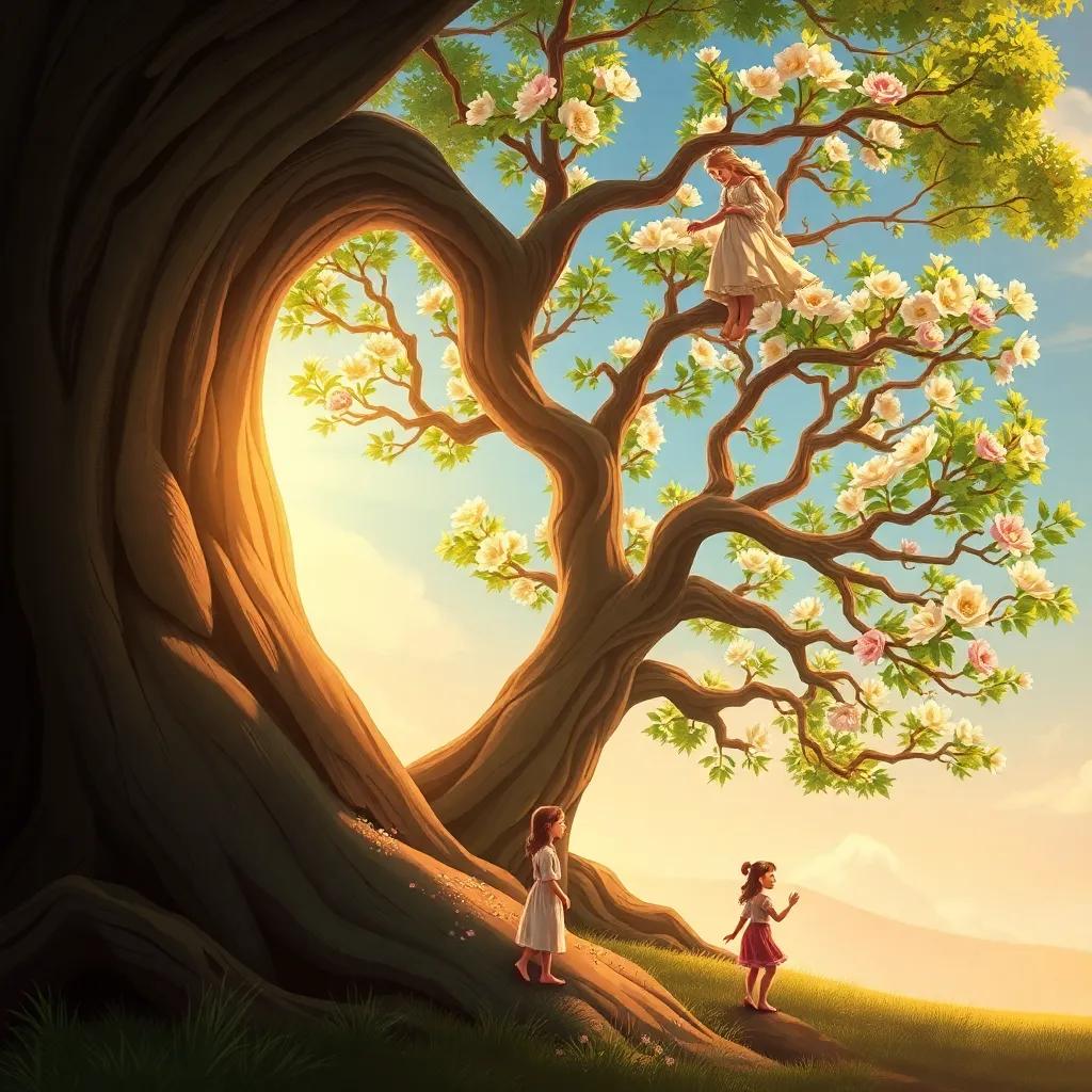 An evolving tree symbolizing growth as the years pass, with the descendants of the young girl flourishing, emphasizing lineage and the blessings of faith, illustration with warm sunlight, high quality