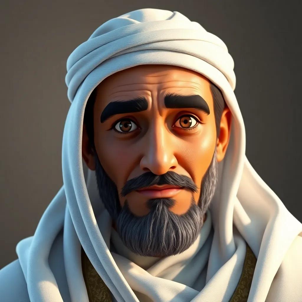A portrait of a wise looking Umar bin Abdul Aziz, representing justice and leadership, with a thoughtful gaze that embodies leadership, historical vibe, digital art, high quality