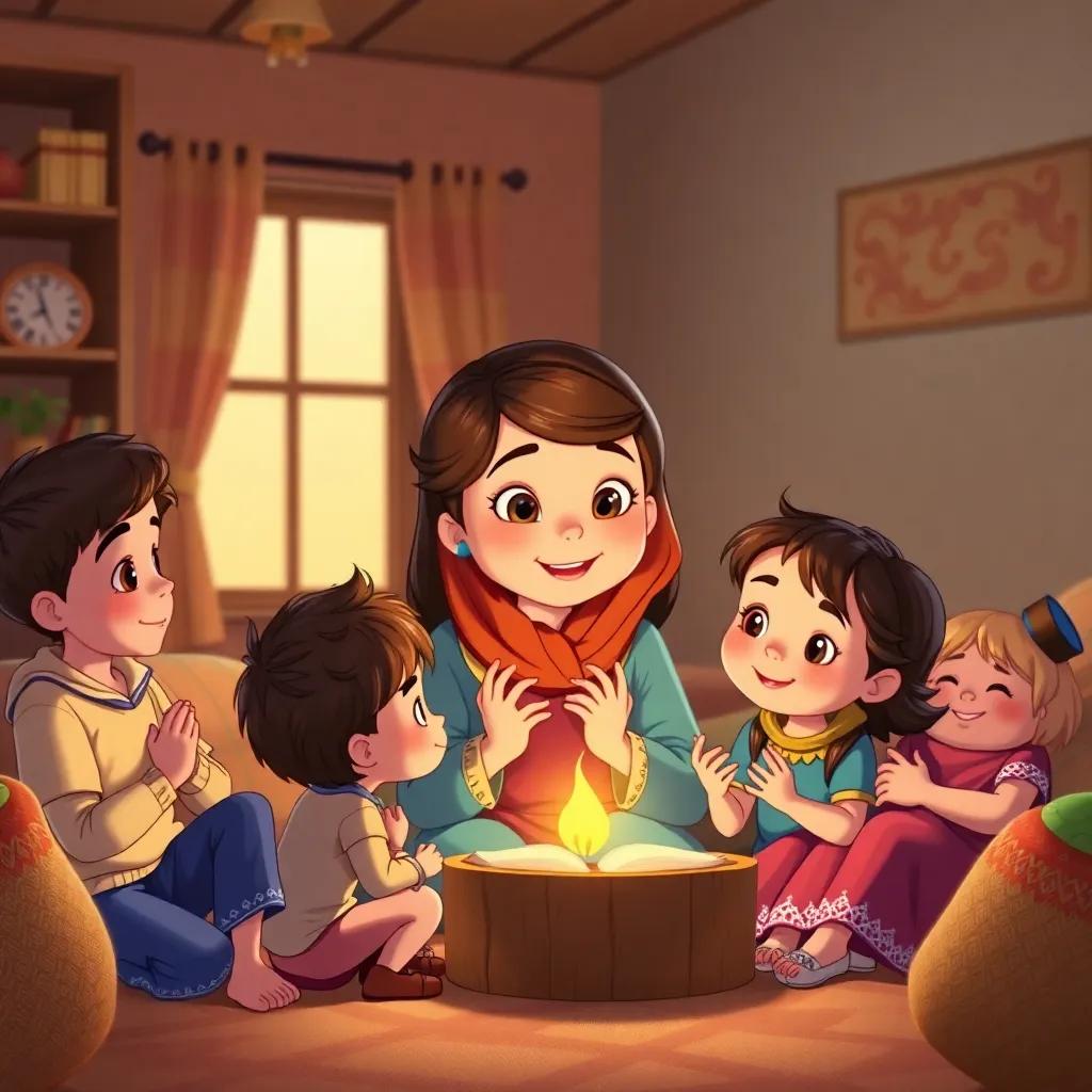 A scene depicting the girl teaching her children about honesty and faith, in a warm family environment highlighting the values of truth and integrity, cozy setting, child-friendly illustration, high quality