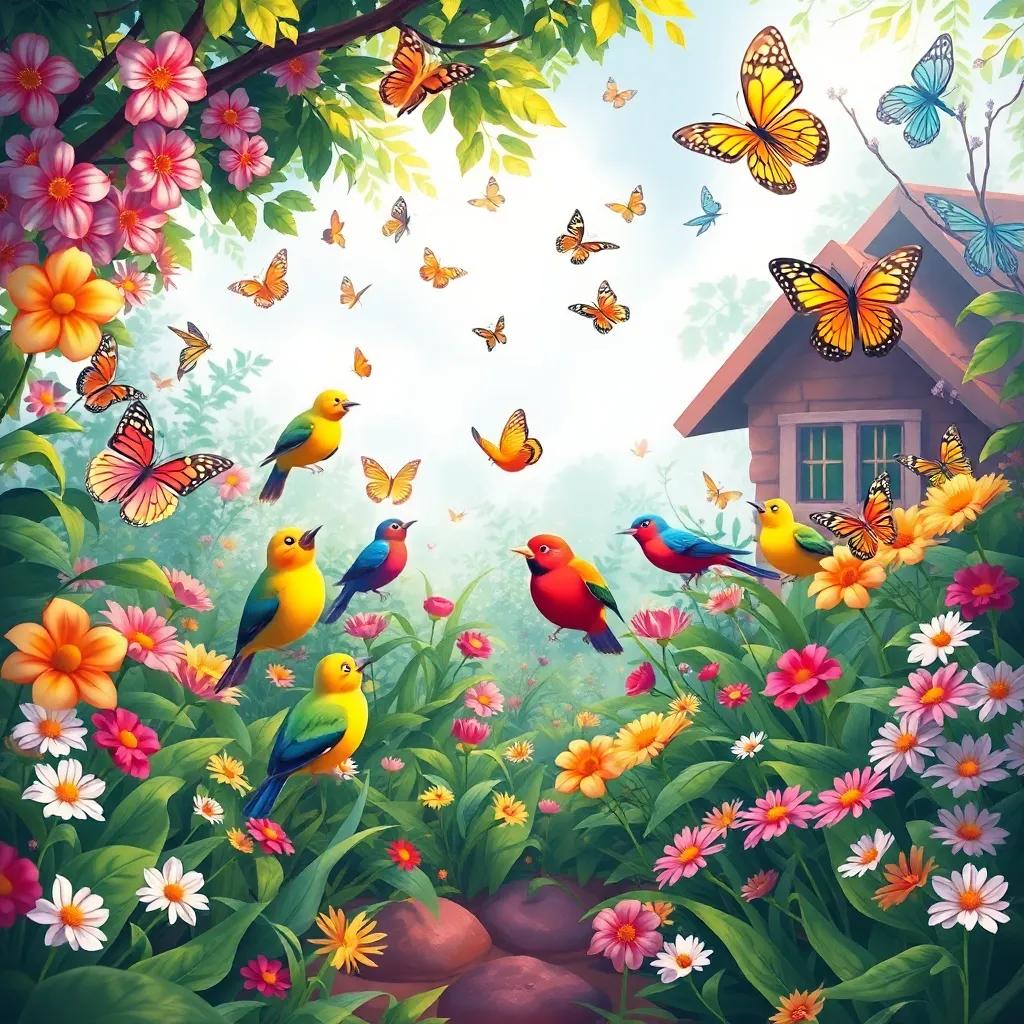 A serene garden filled with colorful birds singing joyfully and beautiful butterflies fluttering around, depicting harmony in nature, illustration, vibrant colors, cheerful scene, inviting atmosphere, high quality