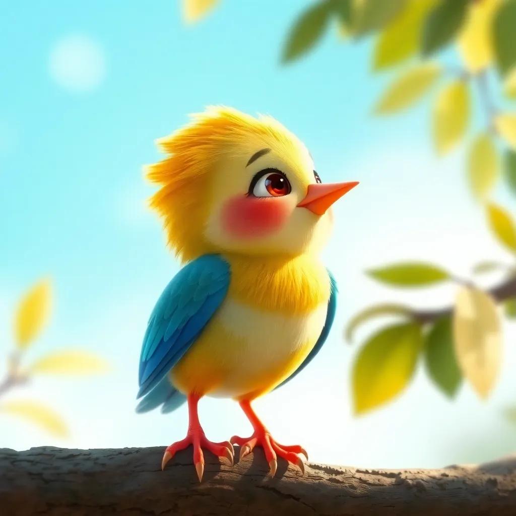 A small bird named Sara, a cute little bird with bright feathers, looking nervous while standing on a tree branch and gazing at the sky, digital art, soft colors, gentle expression, uplifting setting, high quality