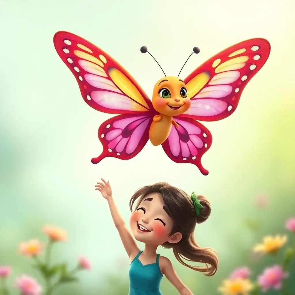 A beautiful butterfly named Leila, gracefully flying above Sara, showing encouragement and friendship, adorned with colorful wings and a warm smile, artistic, light and airy, friendly atmosphere, high quality