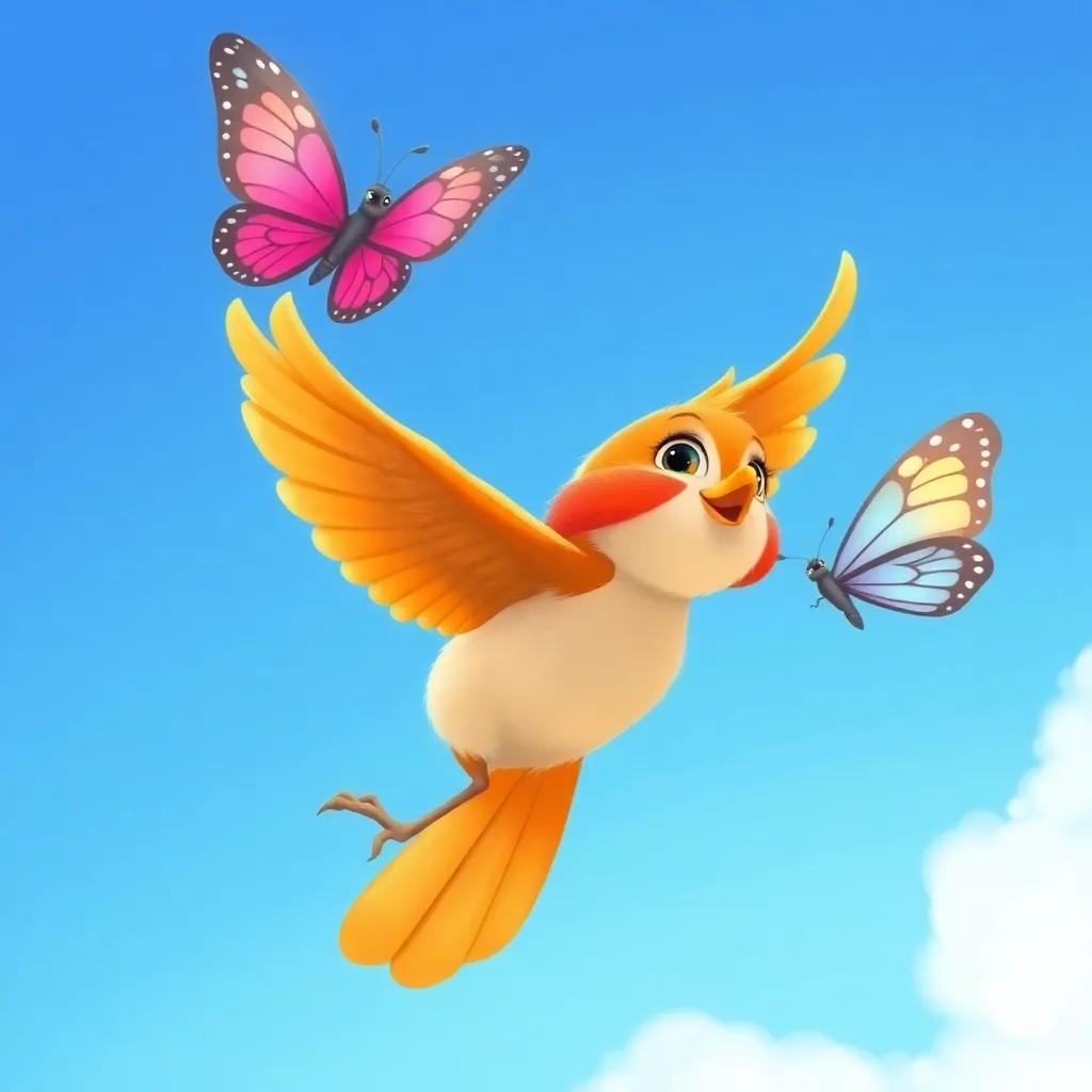 Sara the little bird taking a leap into the sky, following Leila the butterfly, both soaring together through a bright blue sky, feeling joyful and free, illustration, vibrant colors, uplifting, high quality