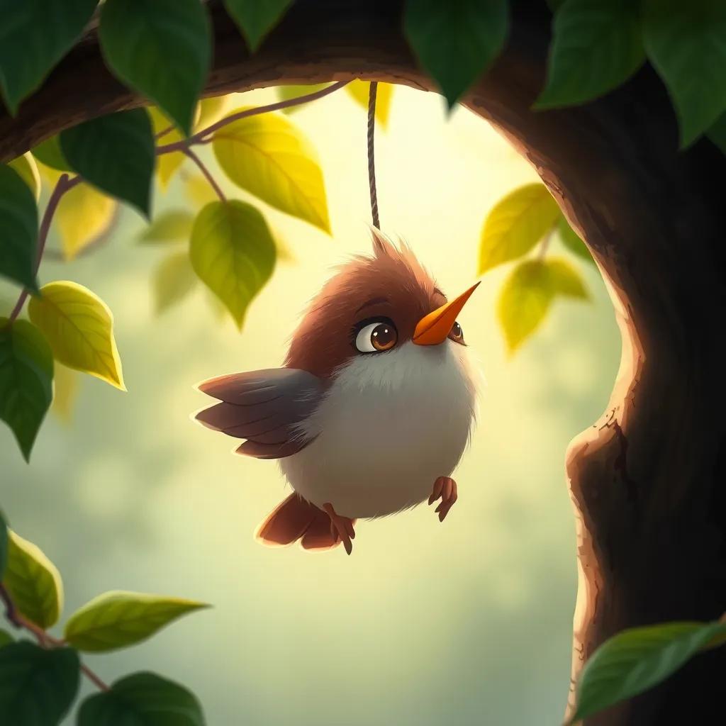 A scene showing another small bird trapped under a tree branch, expressing sadness and worry, with leaves surrounding it, illustration, dramatic lighting, emotional depth, high quality