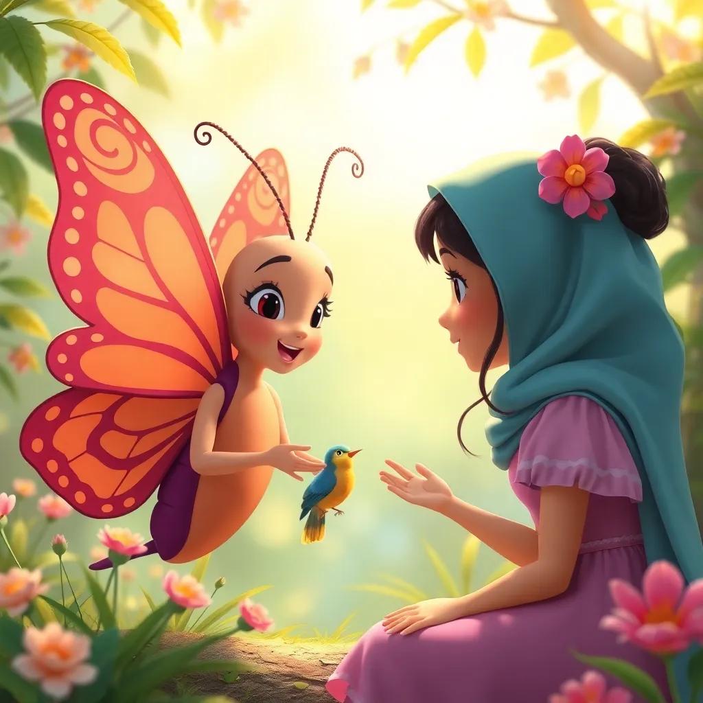 Leila the butterfly encouraging Sara to help the trapped bird, nurturing friendship atmosphere, warm colors, bright and hopeful setting, high quality
