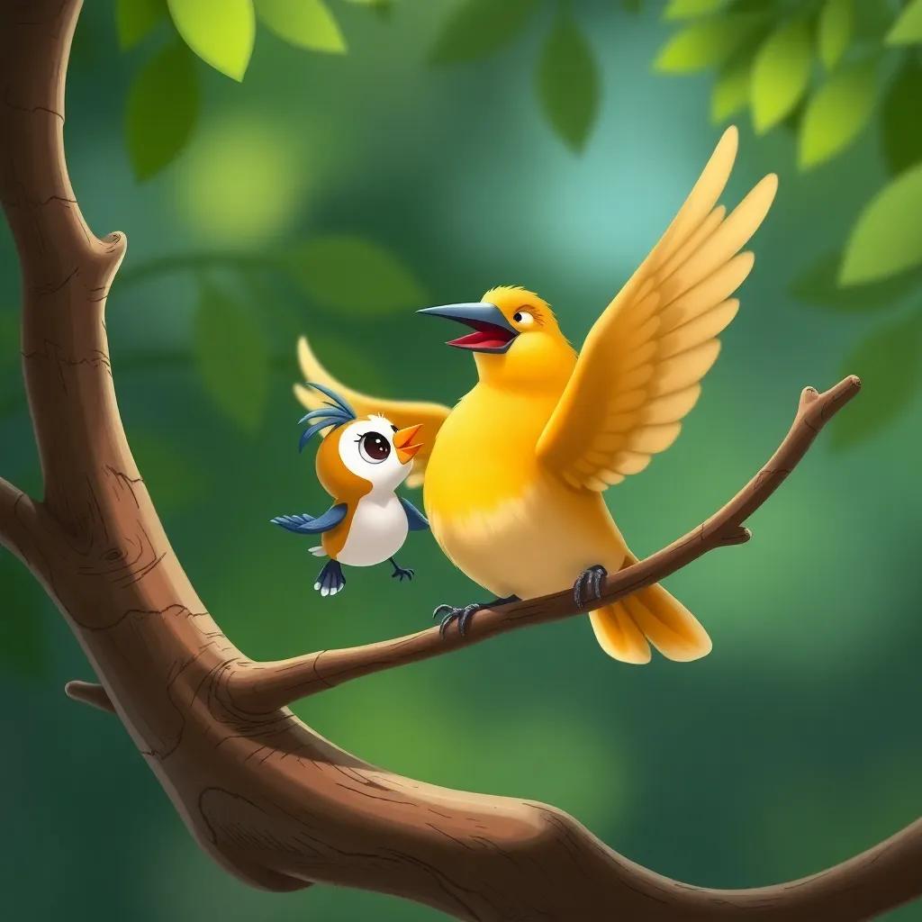 Sara the little bird using her beak to lift the branch while Leila circles around, both working together in harmony, dynamic action, illustration, cheerful colors, high quality