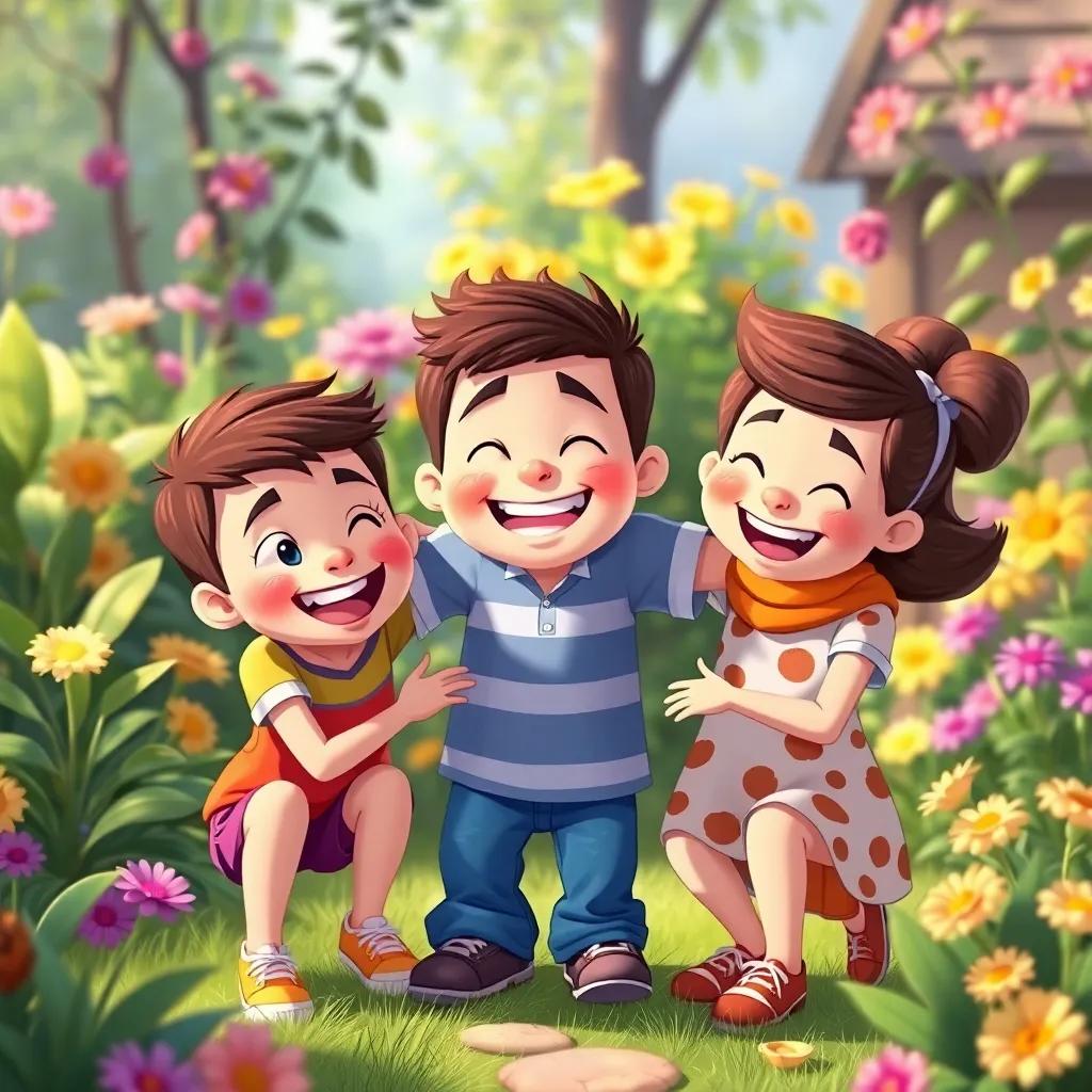 All three friends together in the garden, playing joyfully, showcasing the bond of friendship, colorful environment, happy expressions, cheerful scene, illustration, vibrant colors, heartwarming, high quality