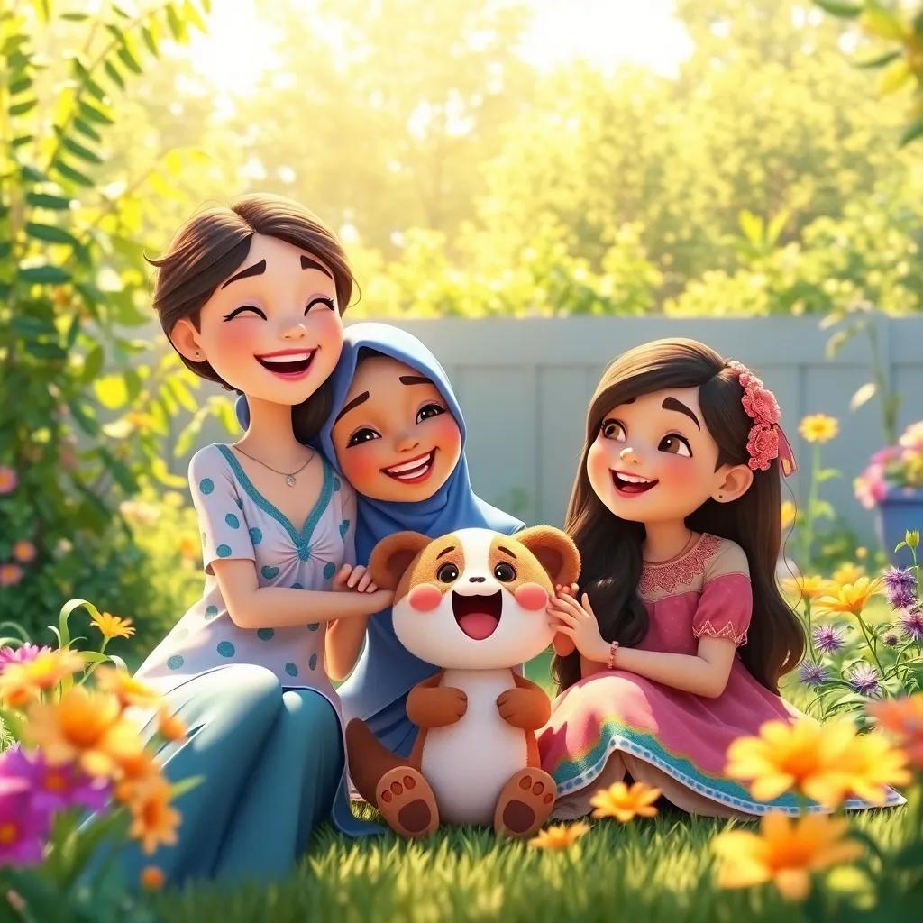 A final image depicting Sara, Leila, and their new friend enjoying a sunny day in the garden, sharing laughter and joy, illustrating the beauty of friendship, vibrant colors, heartwarming scene, high quality