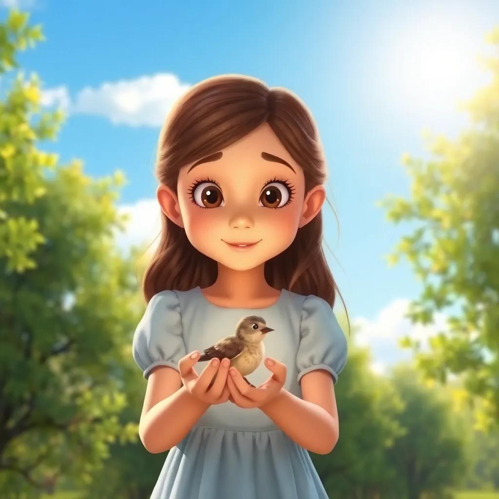 A young girl named Mariam, with brown hair and wearing a light blue dress, gently holding a small injured bird in her hands, surrounded by green trees and a bright sunny sky, digital art, warm colors, tender atmosphere, high quality