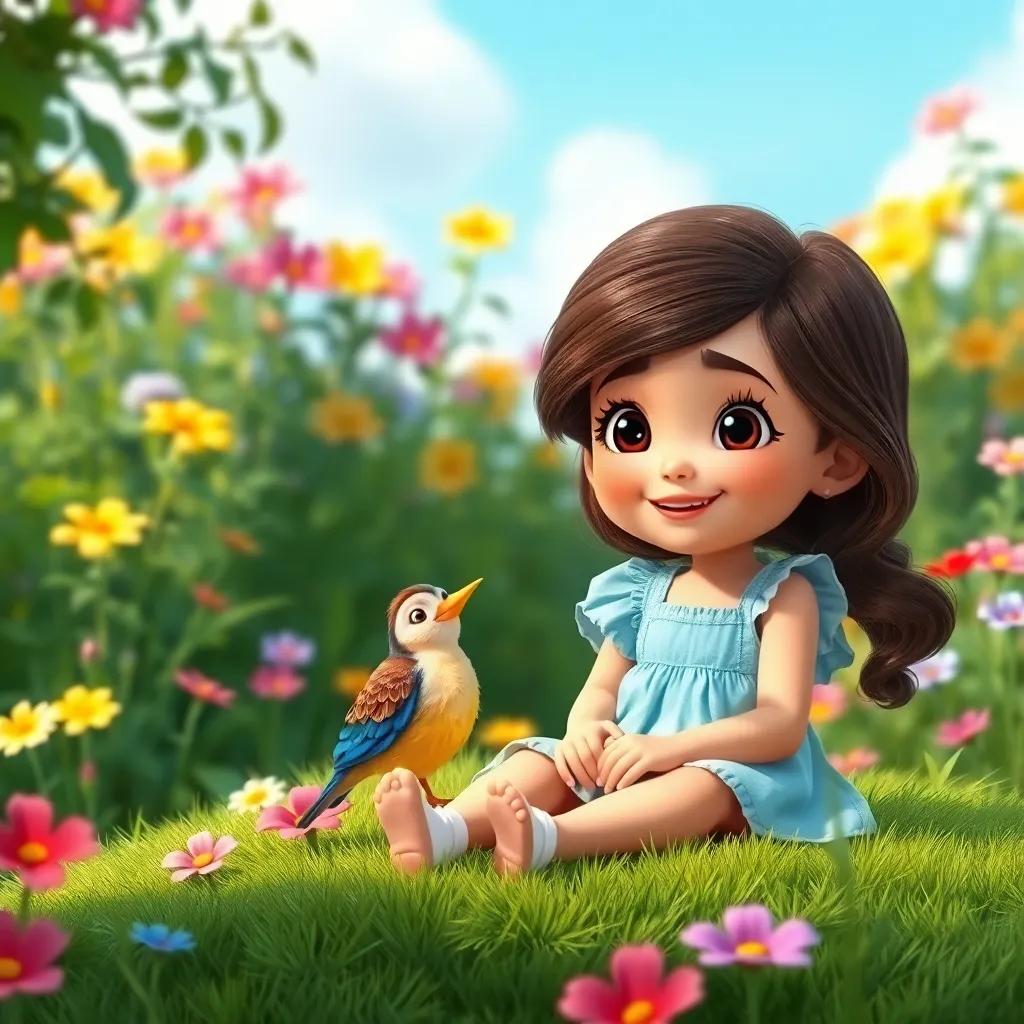 A vibrant scene of Mariam, a young girl with brown hair in a light blue dress, sitting on a grassy patch with an adorable bird chirping happily, surrounded by colorful flowers and lush greenery, cheerful mood, child-friendly, bright and inviting view, high quality