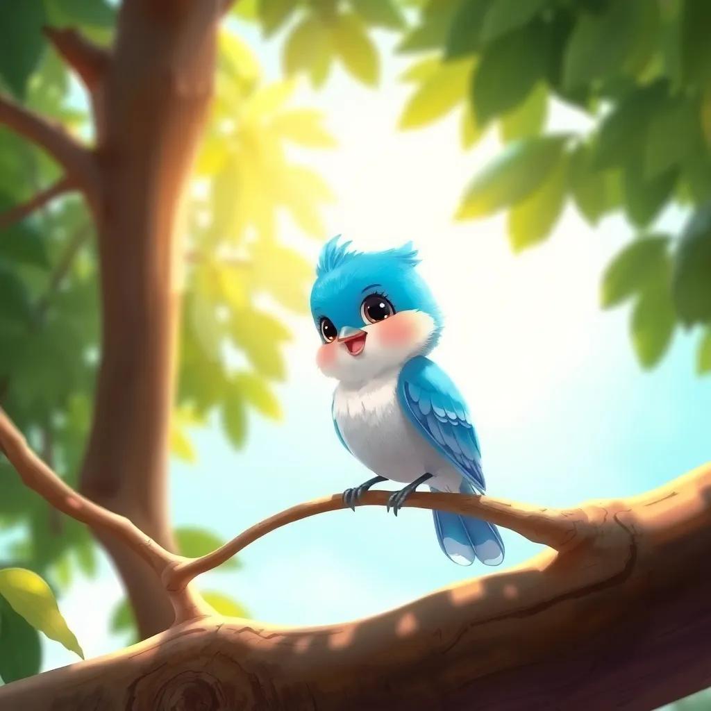 A small beautiful bird with blue feathers and white wings, sitting on a high tree branch under the sunlight, vibrant colors, cheerful atmosphere, digital painting, child-friendly
