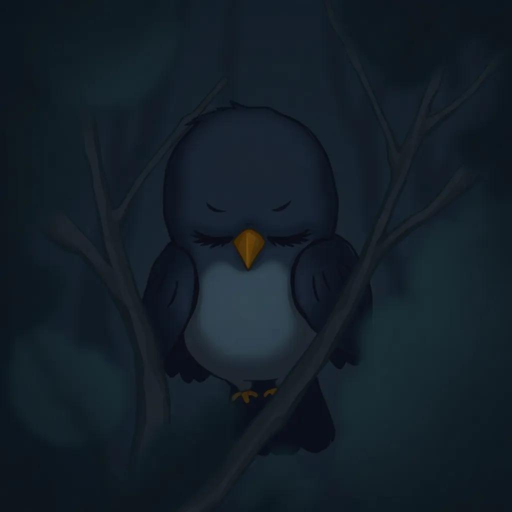 The sad bird hiding behind branches, looking down with his wings drooping, dark gloomy colors, a feeling of loneliness, illustration, heartwarming, child-friendly
