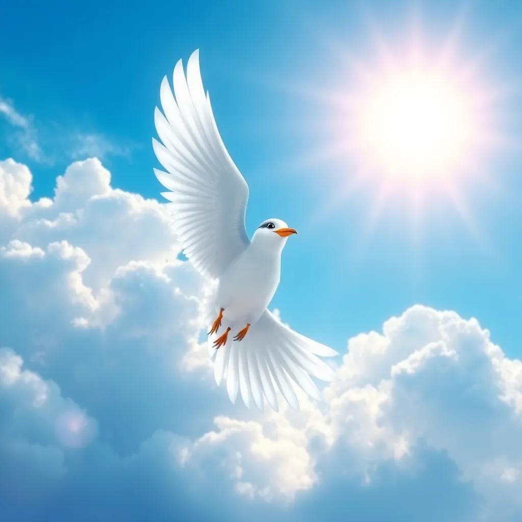 The beautiful bird flying into the sky, sunlight shining on its feathers, vibrant blue and white, with clouds and bright sun, joyful atmosphere, high quality