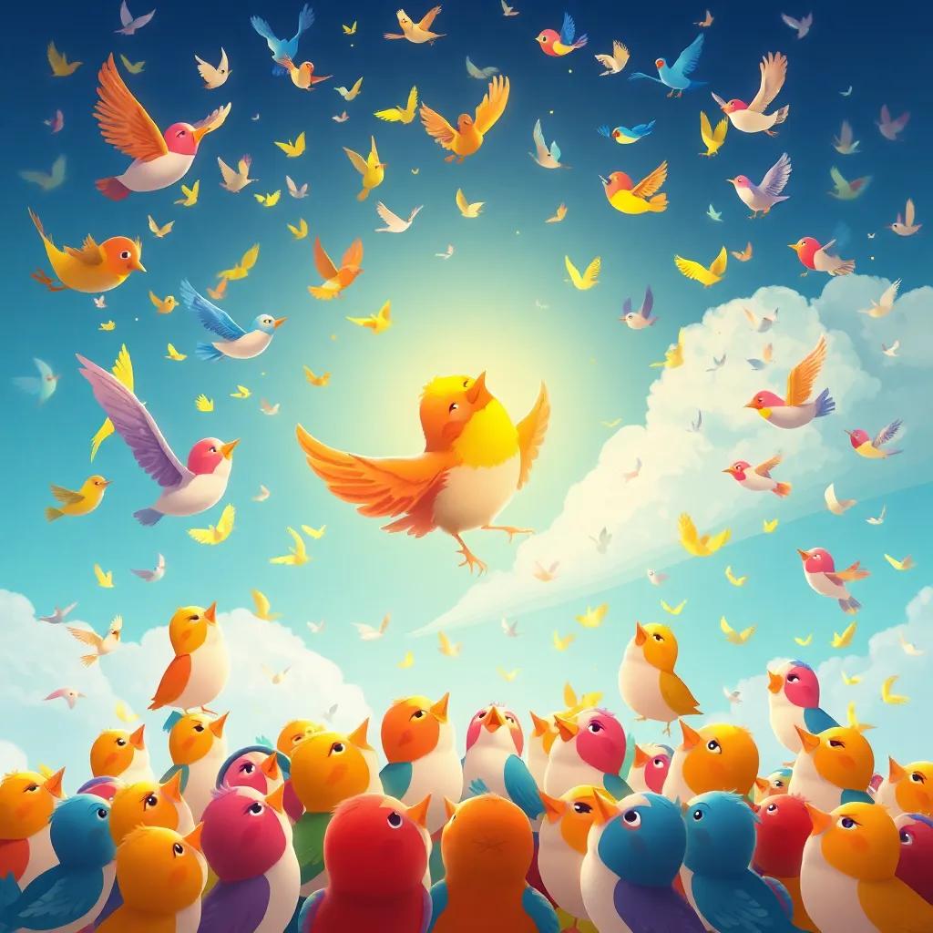 Many birds gathering around the singing bird, filling the sky with colors, looking up with admiration, cheerful and warm atmosphere, child-friendly illustration