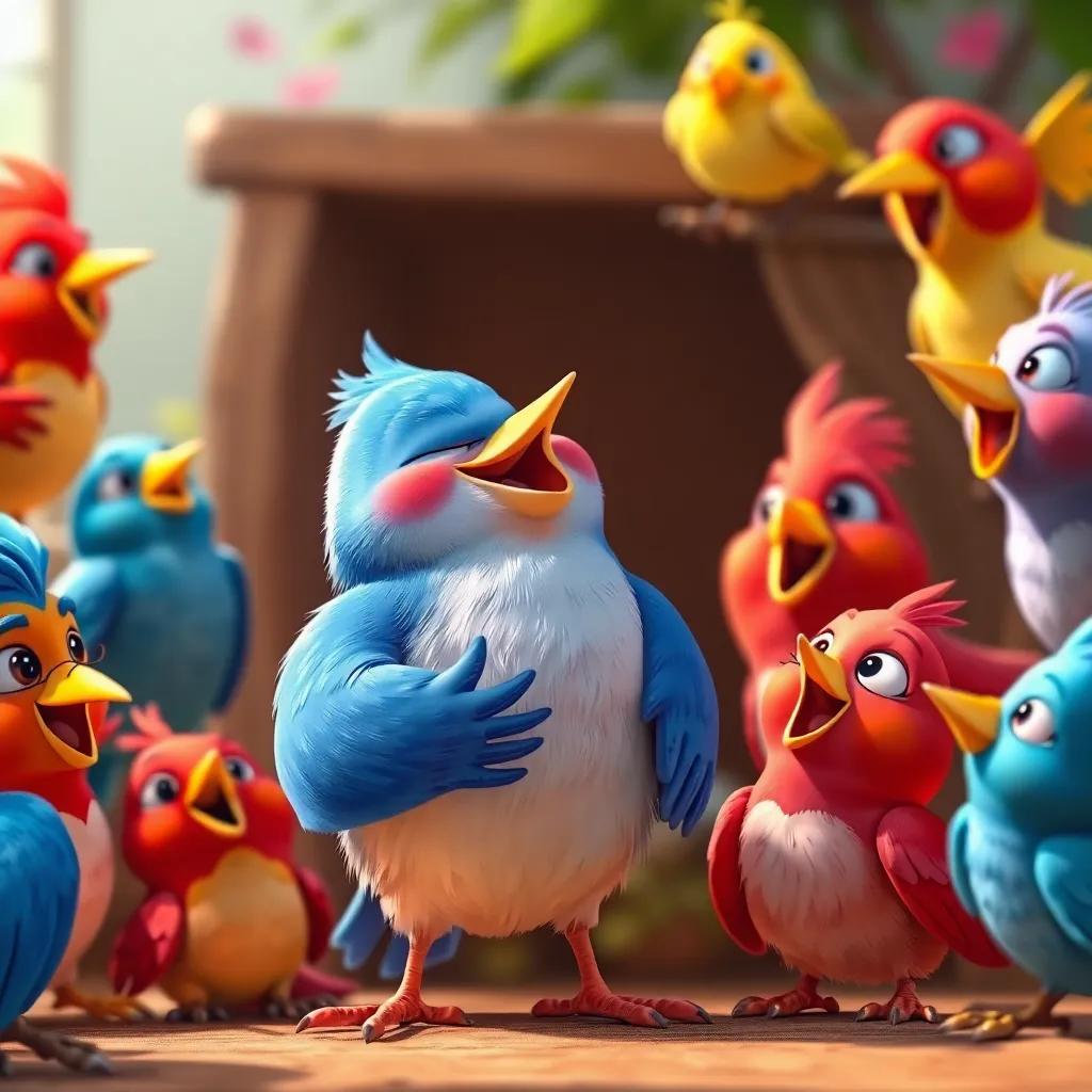 The happy blue and white bird smiling as it sings, surrounded by other colorful birds, all enjoying music together, lively and joyful scene, digital art