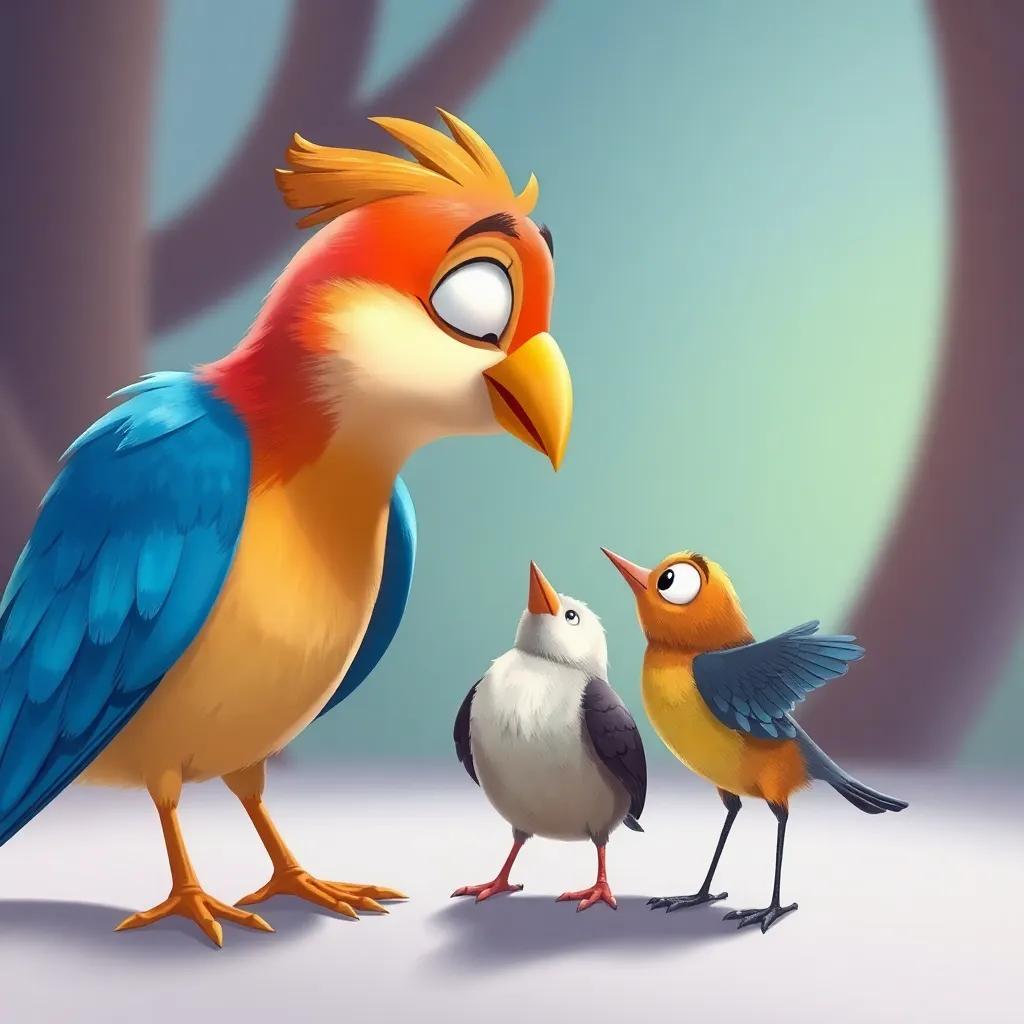 A larger bird admiring the small bird's voice, encouraging and supportive atmosphere, vibrant colors, a friendly gathering, high quality, digital illustration