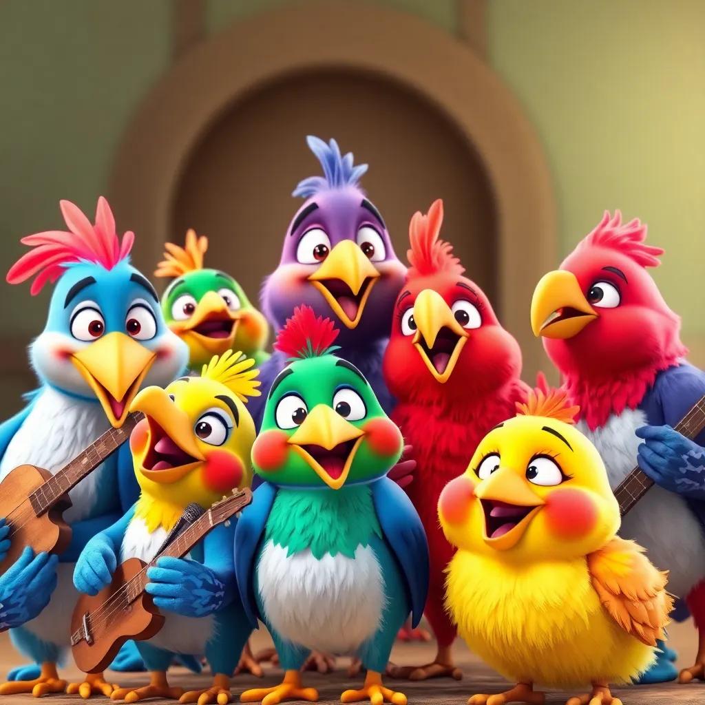 Different birds forming a colorful musical band, showcasing their unique appearances and talents, all smiling and harmonizing, fun and lively scene, children-friendly