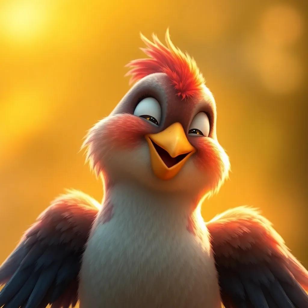 The beautiful bird feeling proud and joyful, representing love and acceptance, with warm golden light around, illustrating inner beauty, heartwarming digital art