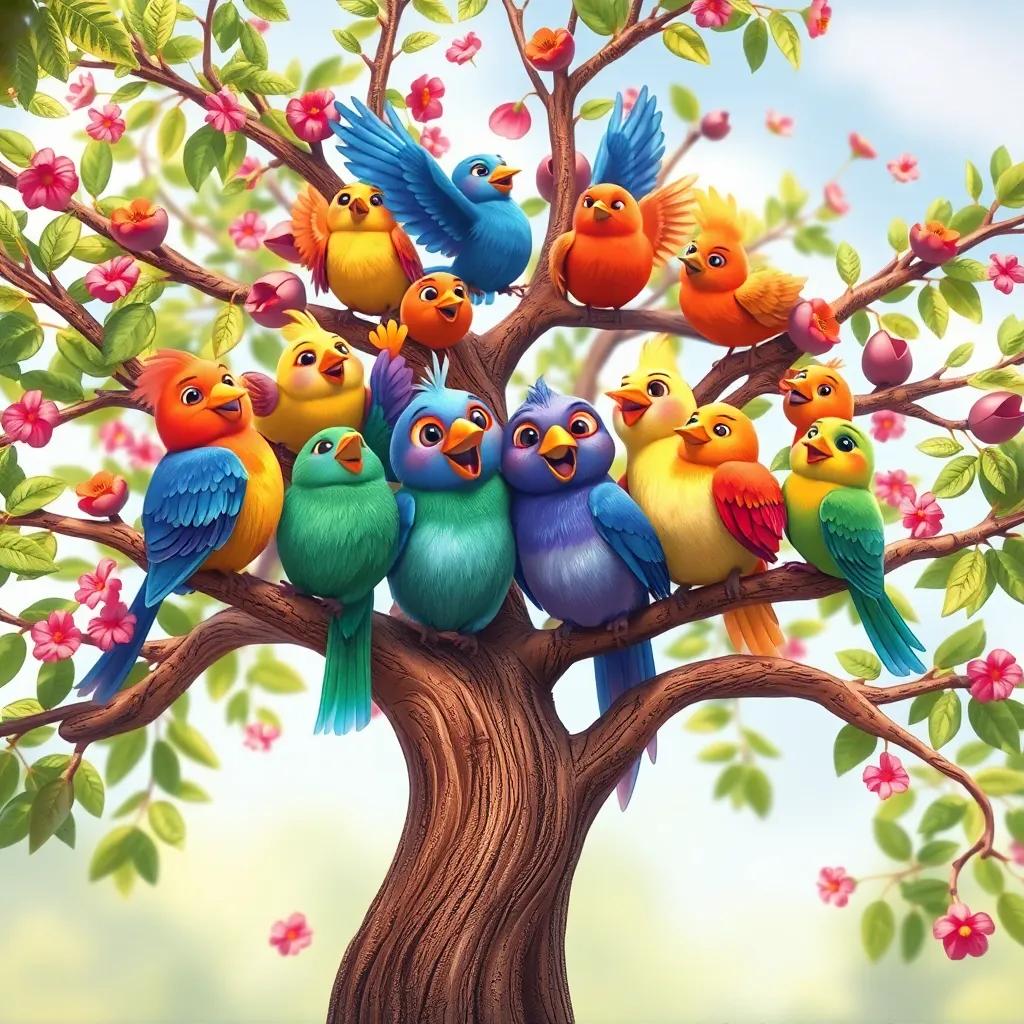 The filled tree with happy birds celebrating together, sharing happiness and friendship, vibrant colors and joyful expressions, uplifting atmosphere, quality image