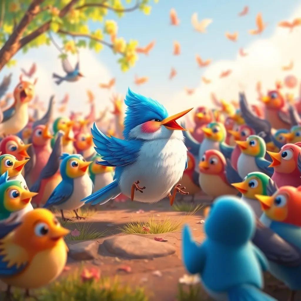 The small blue and white bird returning home, surrounded by every bird cheering for it, lively and joyful atmosphere, colorful, heartwarming scene.