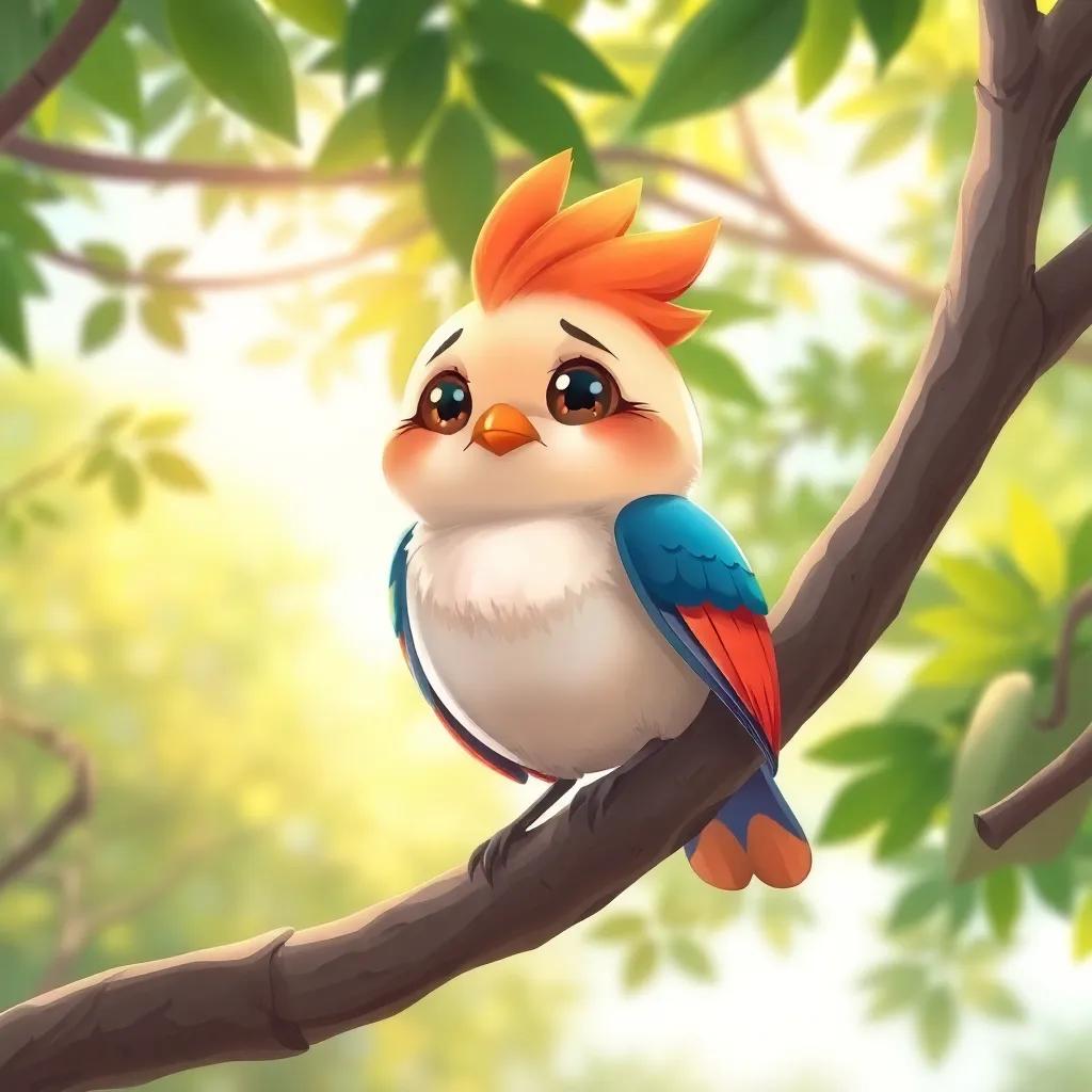 A small bird, Farfour, sitting on a branch with sad eyes, surrounded by green trees and sunlight, illustration, vibrant colors, cheerful atmosphere, child-friendly