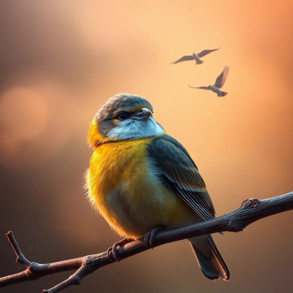 A sad bird, Farfour, crying on a branch, with a distant mother bird flying away in the sky, colorful digital art, warm tones, emotional scene, uplifting imagery