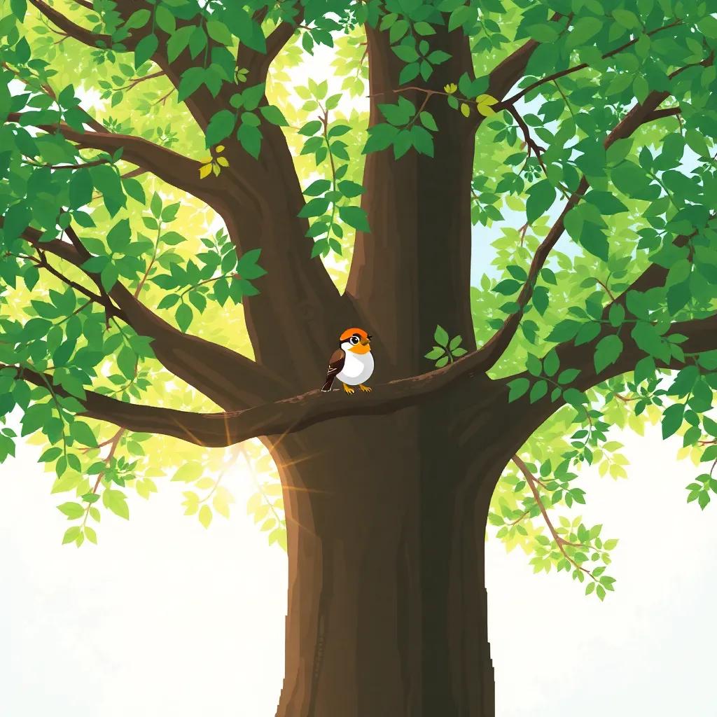A small bird sitting on a green branch of a tall tree, with sunlight streaming through the leaves, cheerful atmosphere, digital art, bright colors, inviting scene, high quality